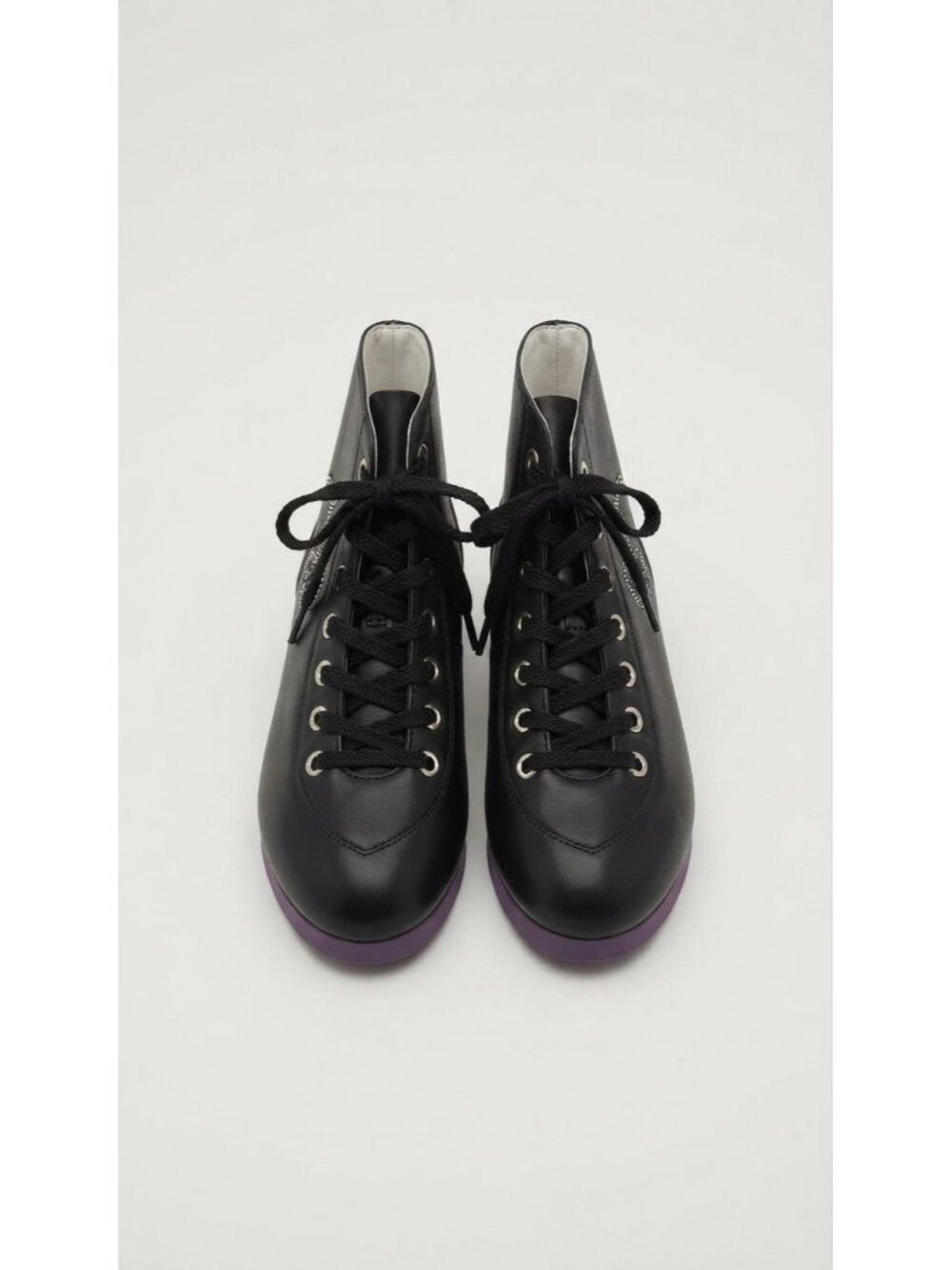 Black Faux Leather Lace-Up Ankle Boots Rhinestone Accent Purple Sole Size 8.5